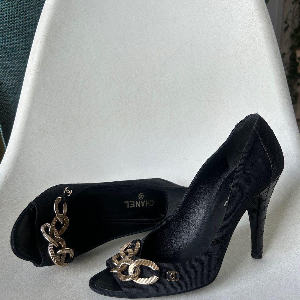 Chanel Black And Gold Stiletto Heels With Peep-Toe